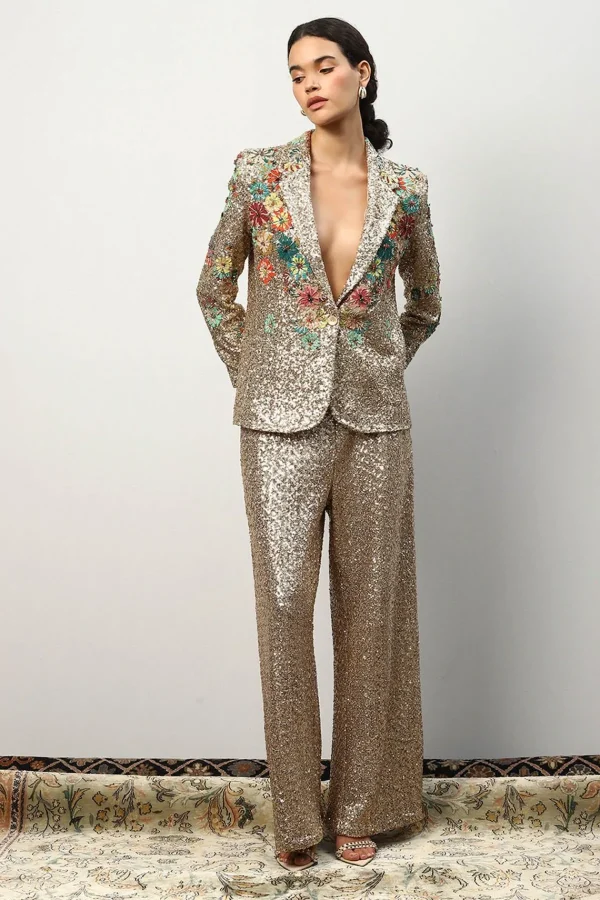 RANNA GILL Alish Pekh In Roma 3D Embroidered Sequin Jacket Golden Sale