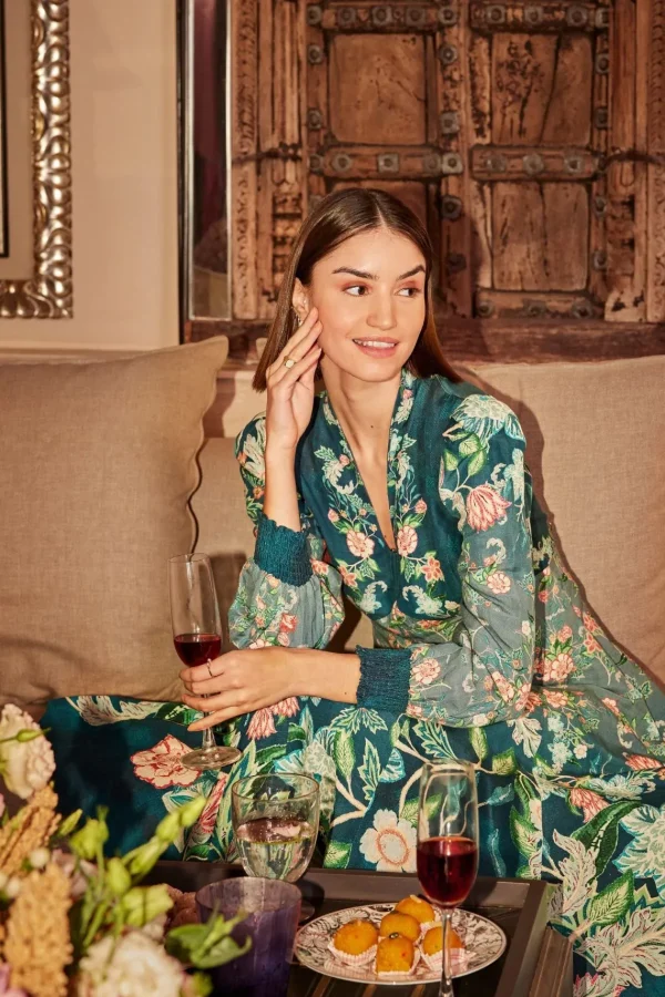 RANNA GILL Kennedy Dress Teal Forest Print Flash Sale