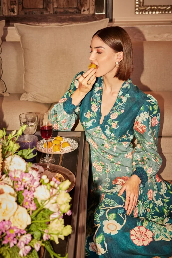 RANNA GILL Kennedy Dress Teal Forest Print Flash Sale