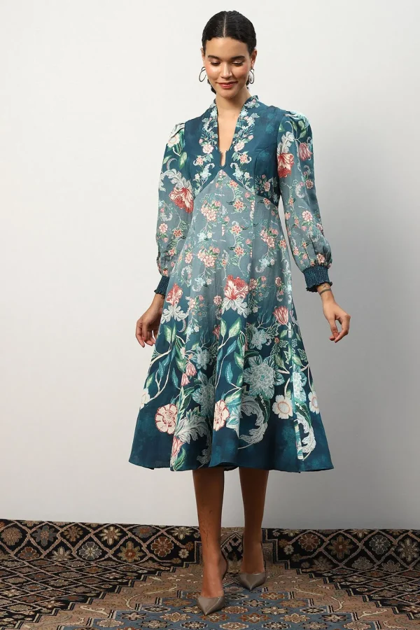 RANNA GILL Kennedy Dress Teal Forest Print Flash Sale