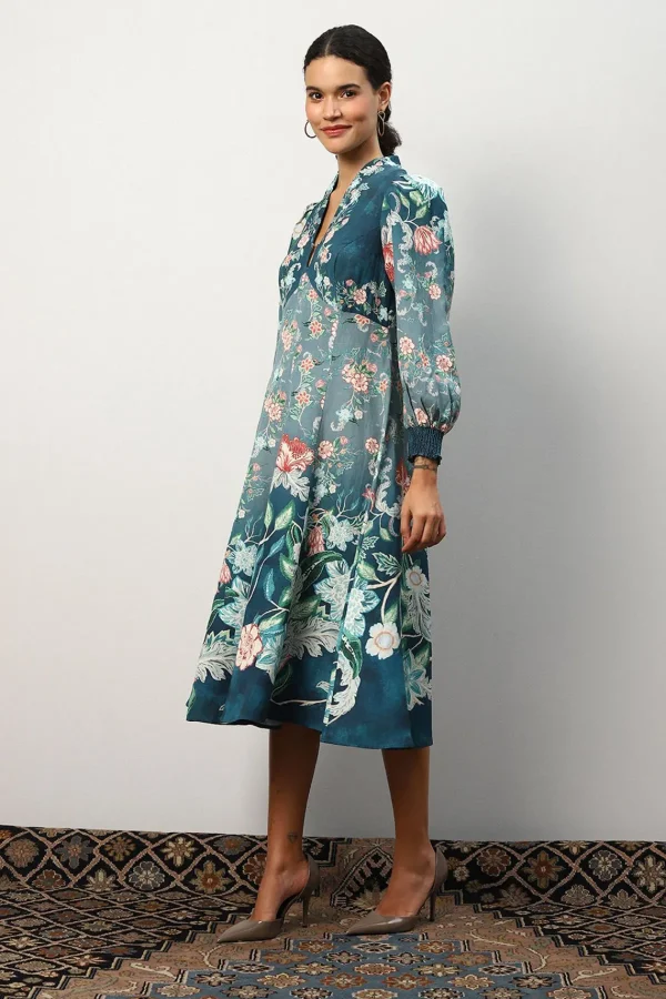 RANNA GILL Kennedy Dress Teal Forest Print Flash Sale