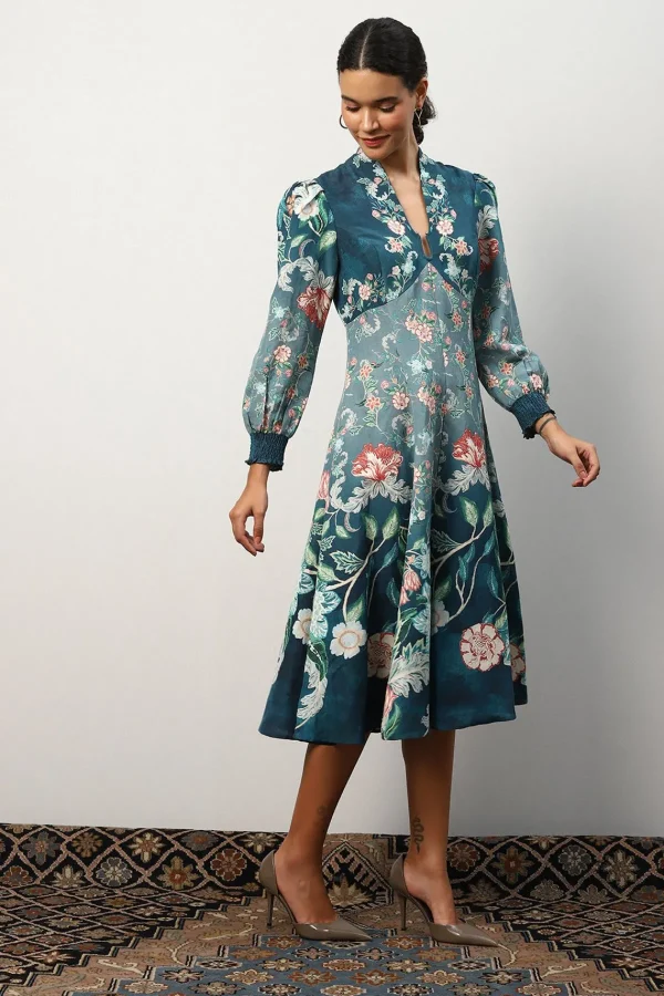 RANNA GILL Kennedy Dress Teal Forest Print Flash Sale
