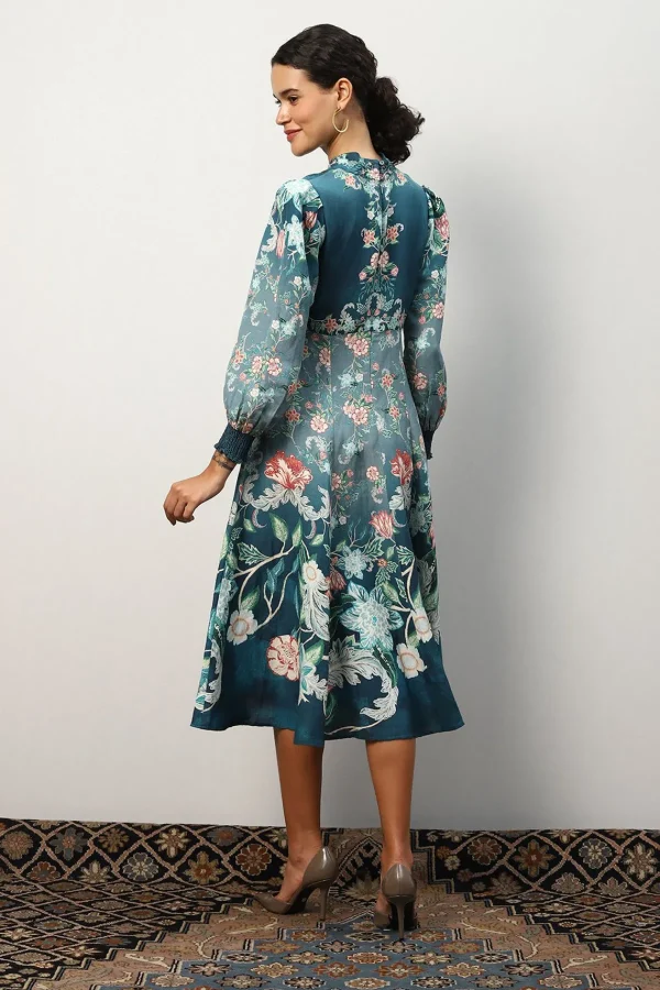 RANNA GILL Kennedy Dress Teal Forest Print Flash Sale