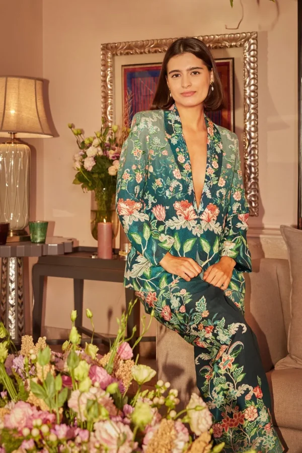 RANNA GILL Serenity Jacket Teal Forest Print New