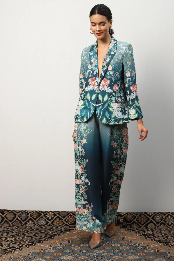 RANNA GILL Serenity Jacket Teal Forest Print New